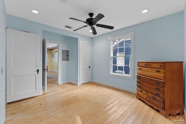 unfurnished bedroom featuring recessed lighting, baseboards, visible vents, and light wood finished floors