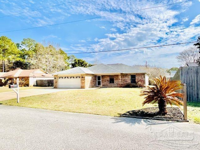 ranch-style house with a garage, driveway, a front lawn, and fence