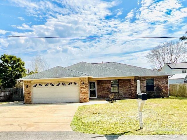 single story home with driveway, an attached garage, fence, a front lawn, and brick siding