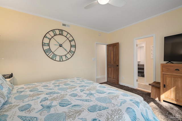 carpeted bedroom featuring a ceiling fan, crown molding, baseboards, and visible vents