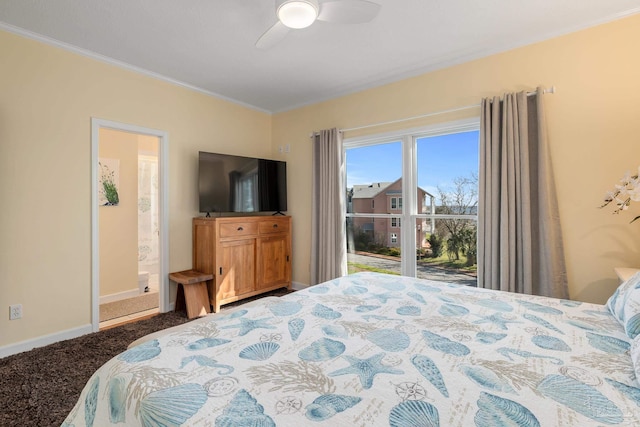 bedroom with a ceiling fan, baseboards, ensuite bathroom, crown molding, and carpet flooring