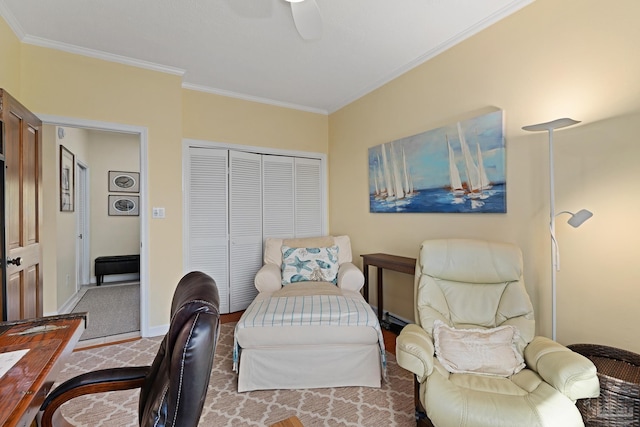 home office featuring baseboards, ceiling fan, and crown molding