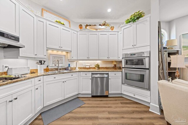 217 W Jackson St Unit 12, Pensacola, FL 32501 - kitchen with light wood-style floors, white cabinetry, under cabinet range hood, a sink, and stainless steel appliances