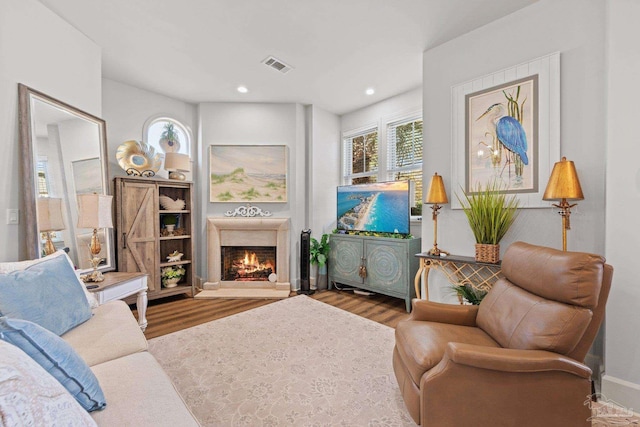 217 W Jackson St Unit 12, Pensacola, FL 32501 - living area featuring a premium fireplace, wood finished floors, visible vents, and plenty of natural light