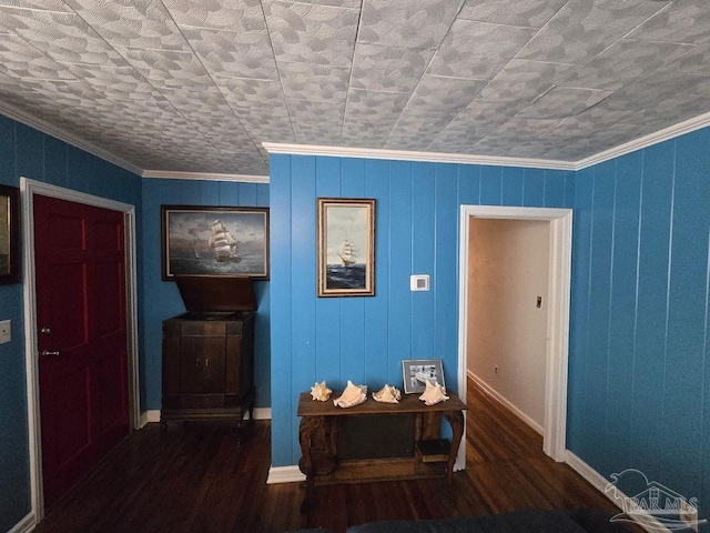 hallway with ornamental molding and dark hardwood / wood-style floors