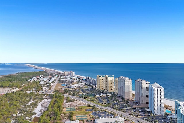 birds eye view of property with a water view and a city view