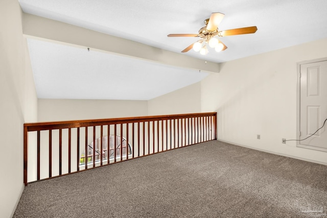 bonus room featuring lofted ceiling with beams, ceiling fan, and carpet floors