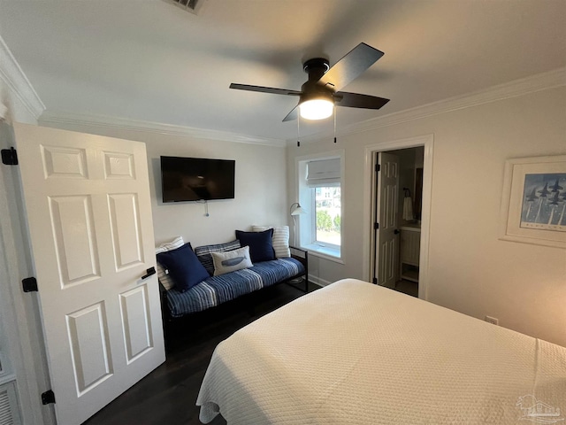 bedroom featuring ceiling fan, dark wood-type flooring, and ornamental molding