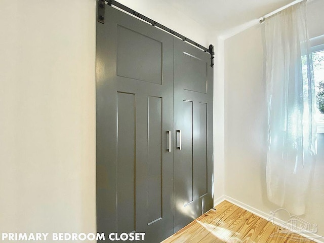 interior details with hardwood / wood-style floors and a barn door