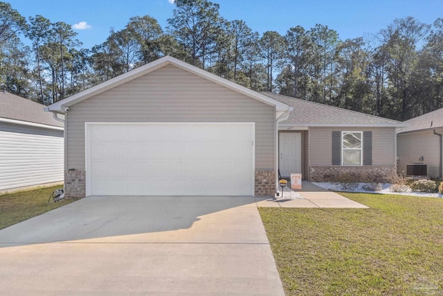 ranch-style house with a garage, a front yard, concrete driveway, and central AC unit