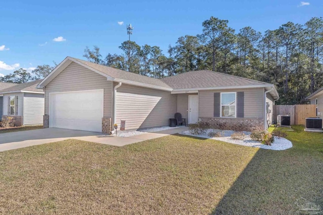 single story home with a garage, driveway, a front lawn, and central air condition unit