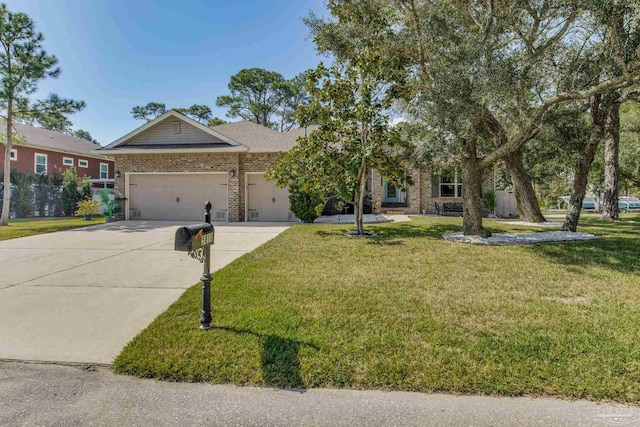 single story home featuring an attached garage, a front yard, concrete driveway, and brick siding