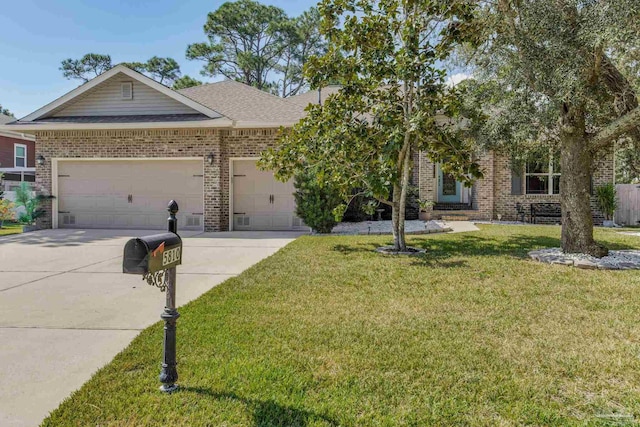 view of front of property featuring a garage, brick siding, concrete driveway, roof with shingles, and a front yard