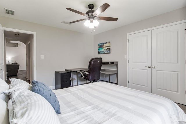 bedroom featuring ceiling fan and a closet