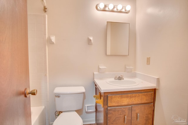 full bathroom featuring independent shower and bath, vanity, and toilet