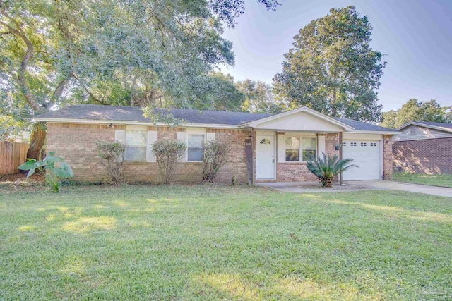 ranch-style house with a front yard and a garage