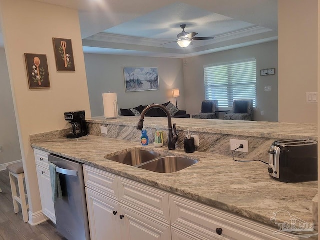 kitchen with sink, dark wood-type flooring, stainless steel dishwasher, a tray ceiling, and white cabinets