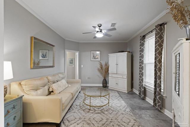 living room featuring visible vents, crown molding, baseboards, and ceiling fan