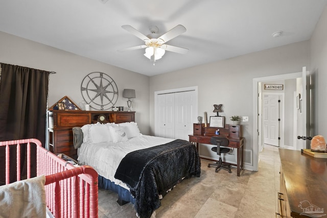 bedroom featuring a ceiling fan, a closet, visible vents, and baseboards