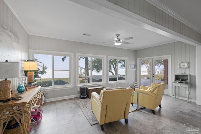 interior space with french doors, visible vents, crown molding, and ceiling fan