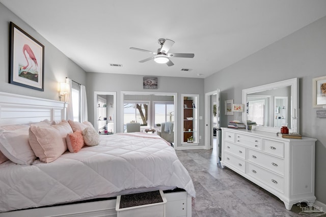 bedroom featuring visible vents and a ceiling fan