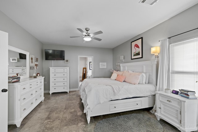 bedroom featuring a ceiling fan and visible vents