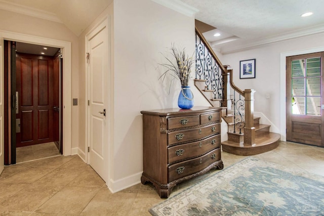 2961 Bay St, Gulf Breeze, FL 32563 - entrance foyer featuring stairs, ornamental molding, baseboards, recessed lighting, and light tile patterned flooring
