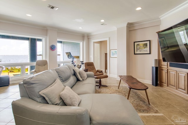 2961 Bay St, Gulf Breeze, FL 32563 - living area with crown molding, recessed lighting, light tile patterned floors, and baseboards