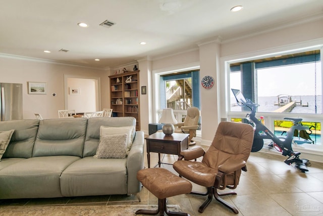 2961 Bay St, Gulf Breeze, FL 32563 - tiled living room with ornamental molding and recessed lighting