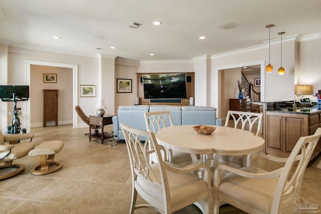 2961 Bay St, Gulf Breeze, FL 32563 - dining room featuring crown molding, recessed lighting, light tile patterned floors, and baseboards