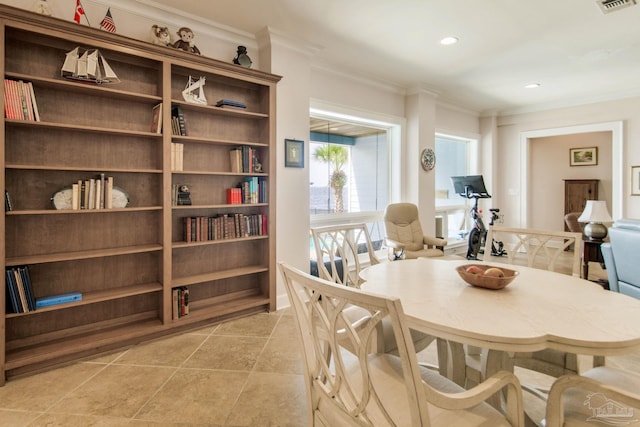 2961 Bay St, Gulf Breeze, FL 32563 - dining area with ornamental molding, light tile patterned flooring, and recessed lighting