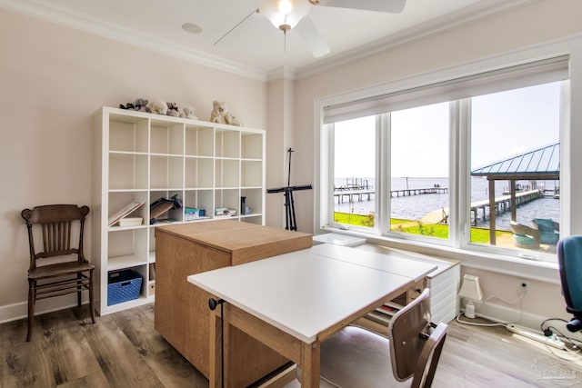 2961 Bay St, Gulf Breeze, FL 32563 - office featuring wood finished floors, crown molding, a ceiling fan, baseboards, and a water view
