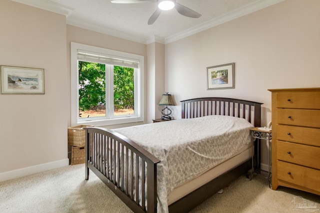 2961 Bay St, Gulf Breeze, FL 32563 - bedroom featuring light colored carpet, crown molding, baseboards, and a ceiling fan