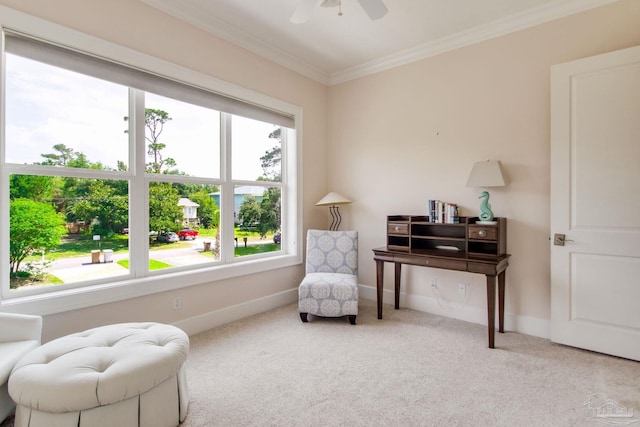 2961 Bay St, Gulf Breeze, FL 32563 - living area with plenty of natural light, ornamental molding, carpet flooring, a ceiling fan, and baseboards