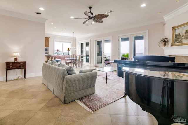 2961 Bay St, Gulf Breeze, FL 32563 - living area featuring french doors, ceiling fan, crown molding, a fireplace, and recessed lighting