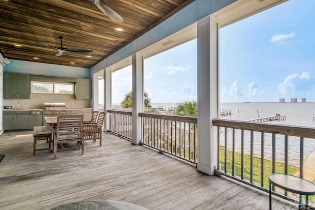 2961 Bay St, Gulf Breeze, FL 32563 - wooden terrace featuring a water view, a ceiling fan, a sink, and outdoor dining area