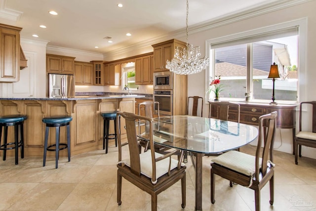 2961 Bay St, Gulf Breeze, FL 32563 - dining space featuring crown molding, a chandelier, recessed lighting, and light tile patterned floors