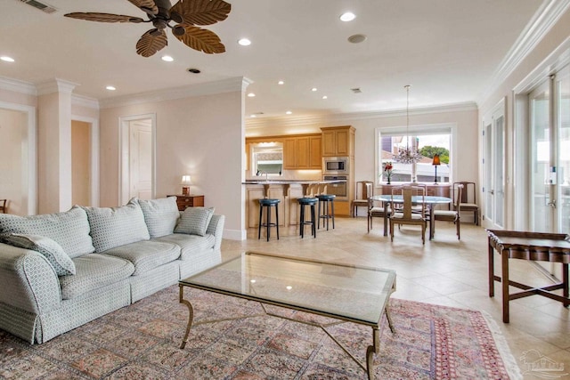 2961 Bay St, Gulf Breeze, FL 32563 - living room with crown molding, ceiling fan, recessed lighting, and light tile patterned flooring