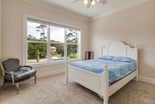 2961 Bay St, Gulf Breeze, FL 32563 - bedroom featuring light colored carpet, ornamental molding, baseboards, and a ceiling fan