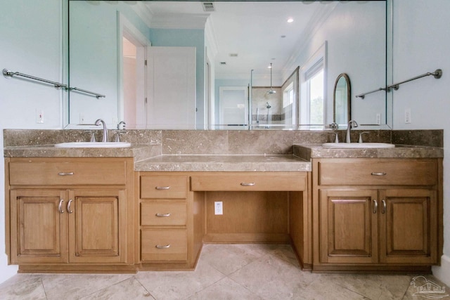 2961 Bay St, Gulf Breeze, FL 32563 - bathroom featuring crown molding, double vanity, walk in shower, and tile patterned floors