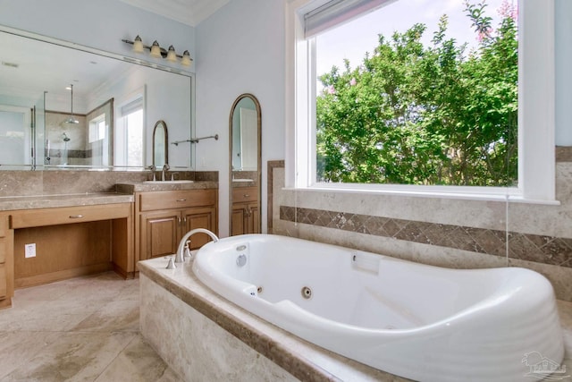 2961 Bay St, Gulf Breeze, FL 32563 - bathroom featuring ornamental molding, a tile shower, a whirlpool tub, and vanity