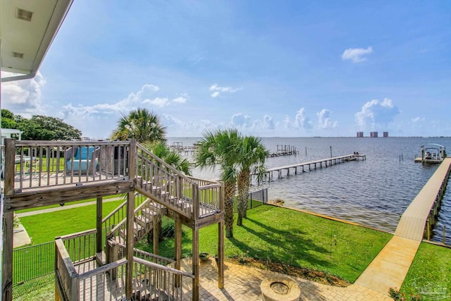 2961 Bay St, Gulf Breeze, FL 32563 - dock area with a yard, a water view, and stairway