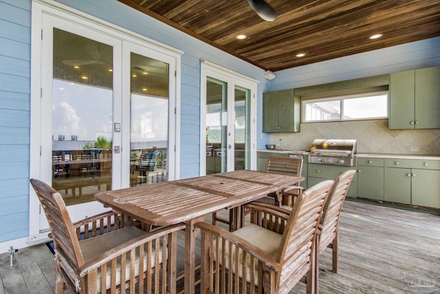 2961 Bay St, Gulf Breeze, FL 32563 - wooden deck with french doors, outdoor dining space, a ceiling fan, and a sink