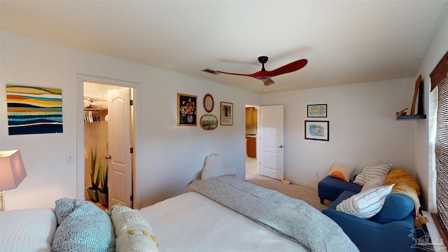 bedroom with light carpet, baseboards, visible vents, ceiling fan, and a closet