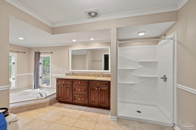 bathroom with vanity, crown molding, tile patterned floors, and independent shower and bath