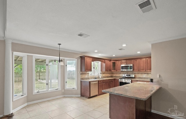 kitchen with kitchen peninsula, light tile patterned floors, backsplash, sink, and stainless steel appliances