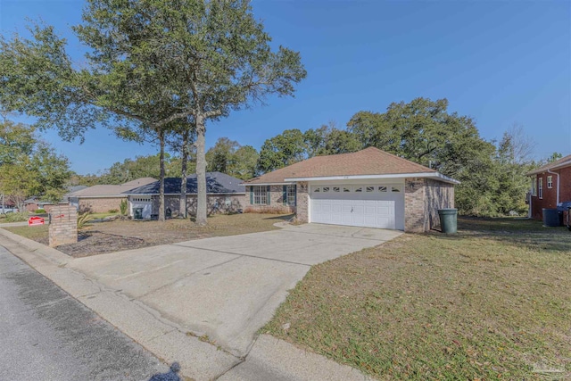 single story home with an attached garage, central air condition unit, brick siding, driveway, and a front yard