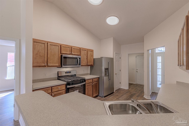 kitchen with appliances with stainless steel finishes, brown cabinetry, a sink, and wood finished floors