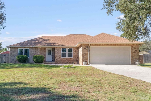 ranch-style home with a front yard and a garage