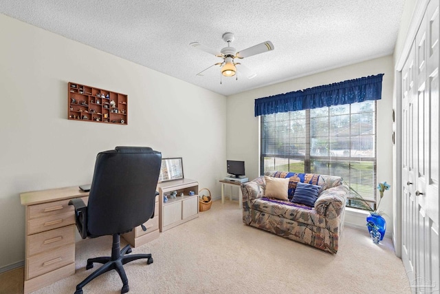 carpeted office space with ceiling fan and a textured ceiling